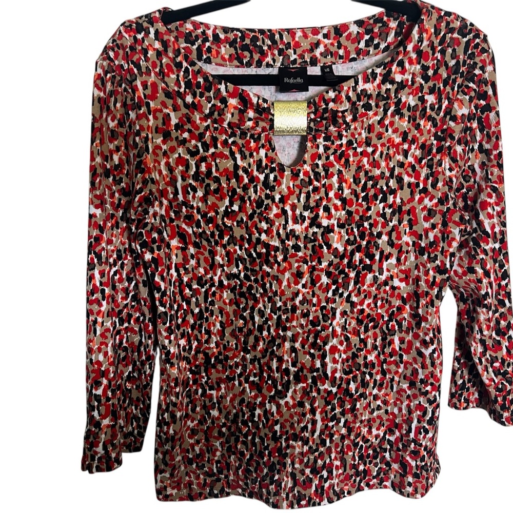 Rafaella Red Black Cream Leopard Keyhole Long Sleeve Top 100% Cotton